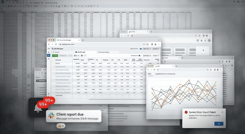 A cluttered desktop: a spreadsheet, Meta Ads Manager tables and a GA4 chart stacked in overlapping windows, a 99+ notification badge, a Slack reminder that a client report is due, and an export-failed error dialog