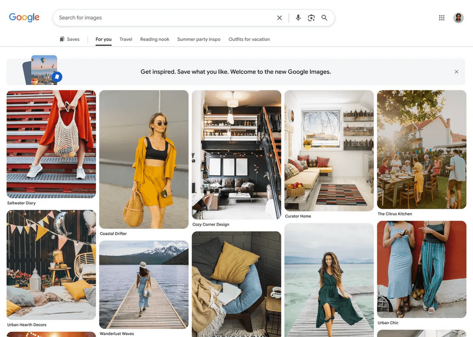 A desktop capture of Google Images’ new browseable gallery with interest-based collection tabs above a grid of images