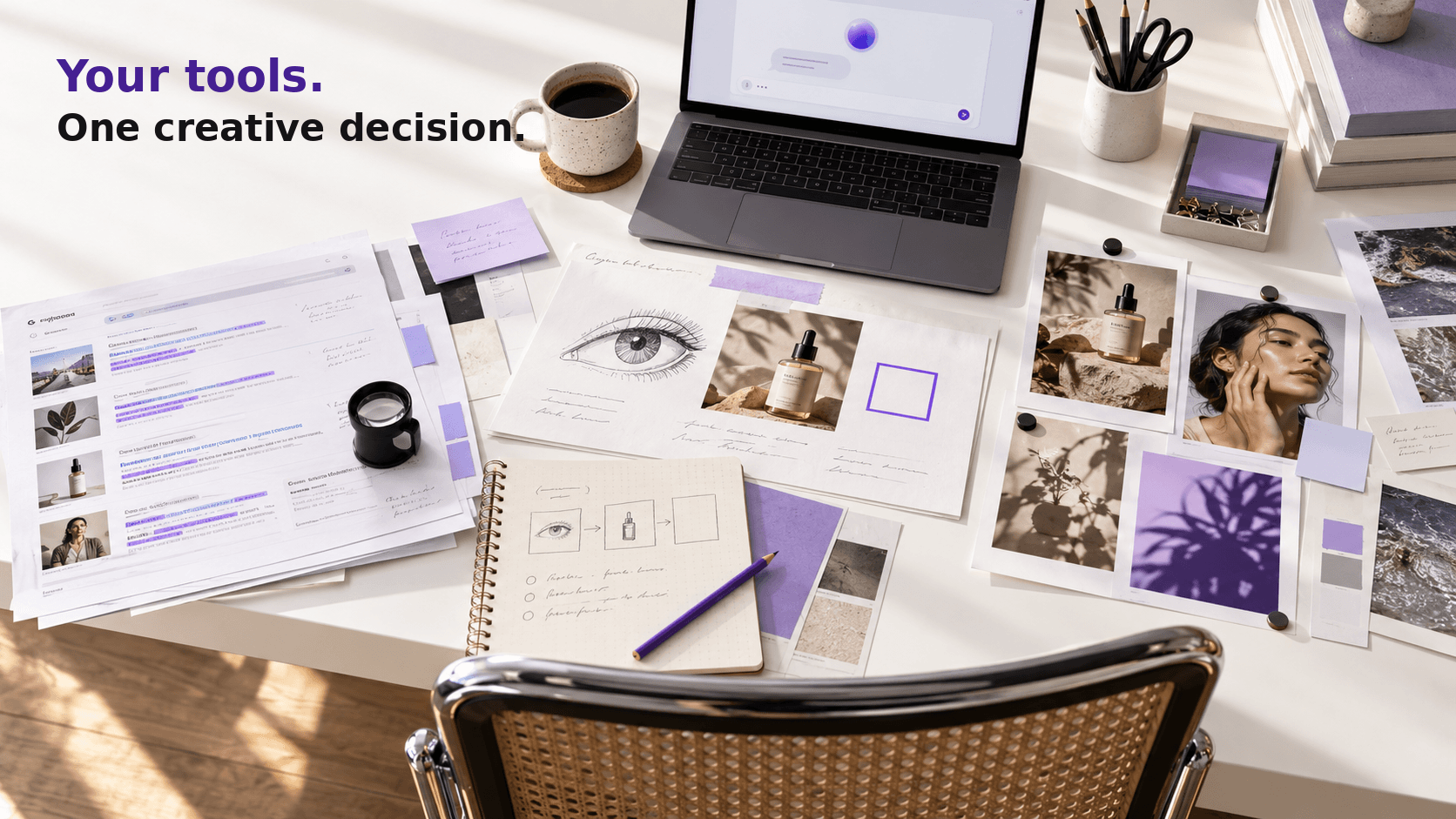 A marketer’s desk brings search research, social advertising references and a central creative brief together, with an AI assistant open on a laptop.