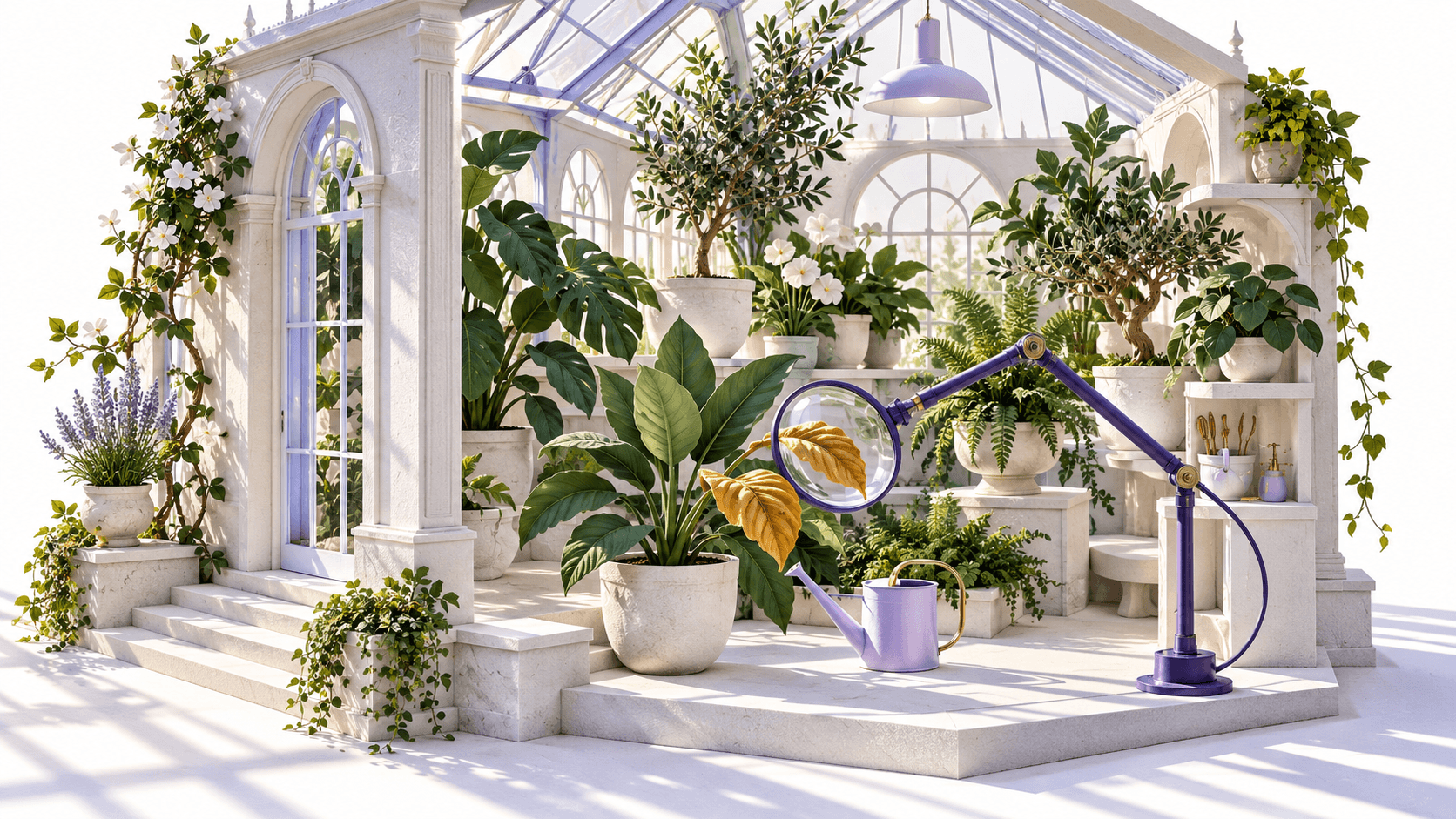 An articulated violet magnifying lens examines a curled leaf in an otherwise healthy greenhouse; a watering vessel waits nearby.
