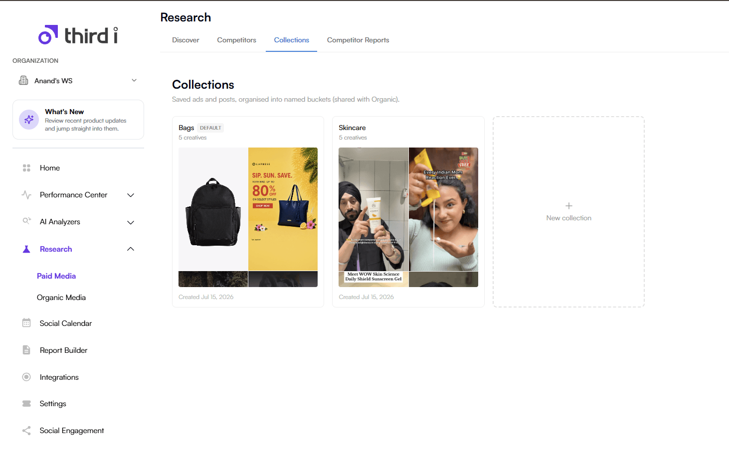 Third i Competitor Research Collections view showing saved groups of competitor creative organised into reusable research themes.