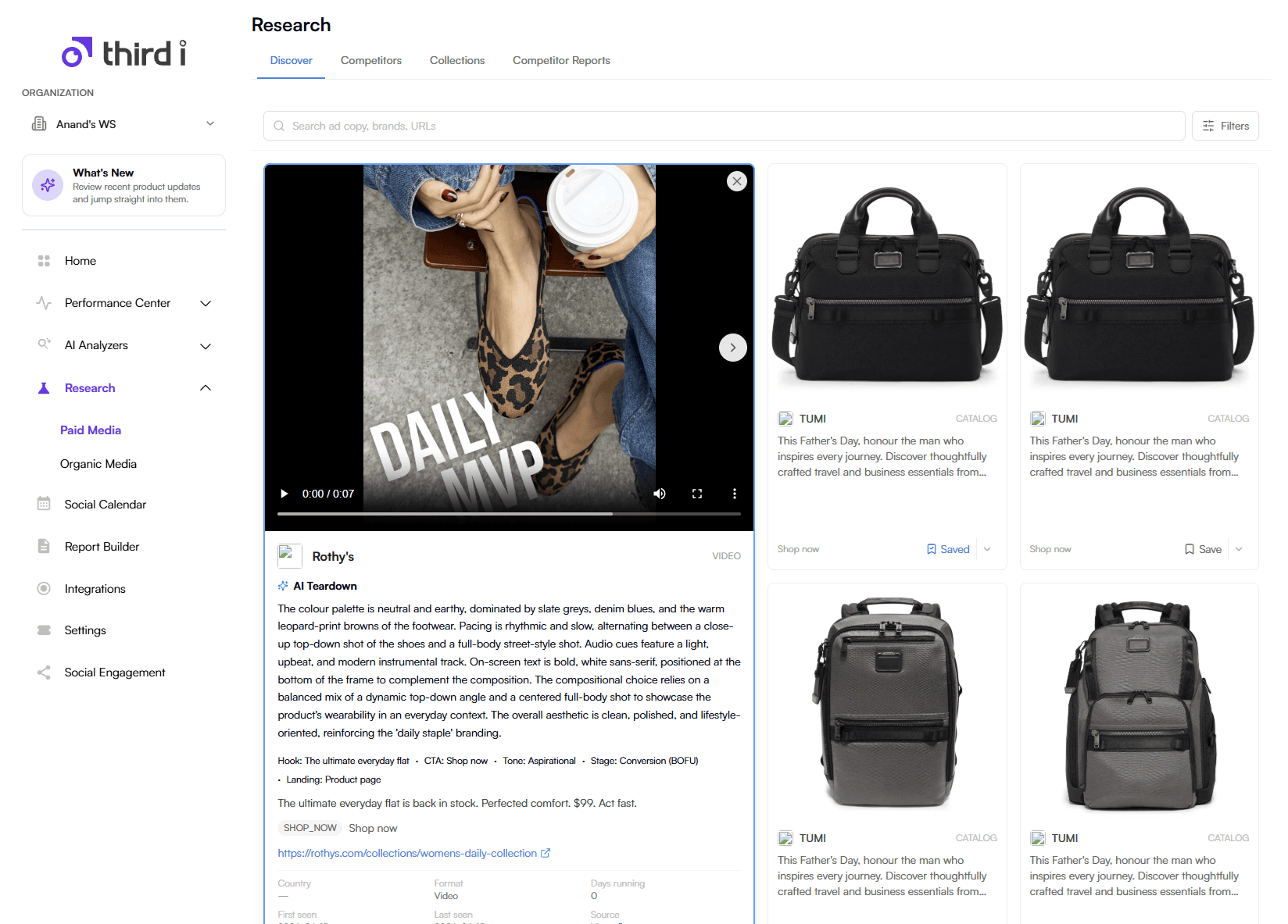 Third i Competitor Research Discover view showing a searchable grid of competitor creative with filters and navigation for competitors, collections and reports.