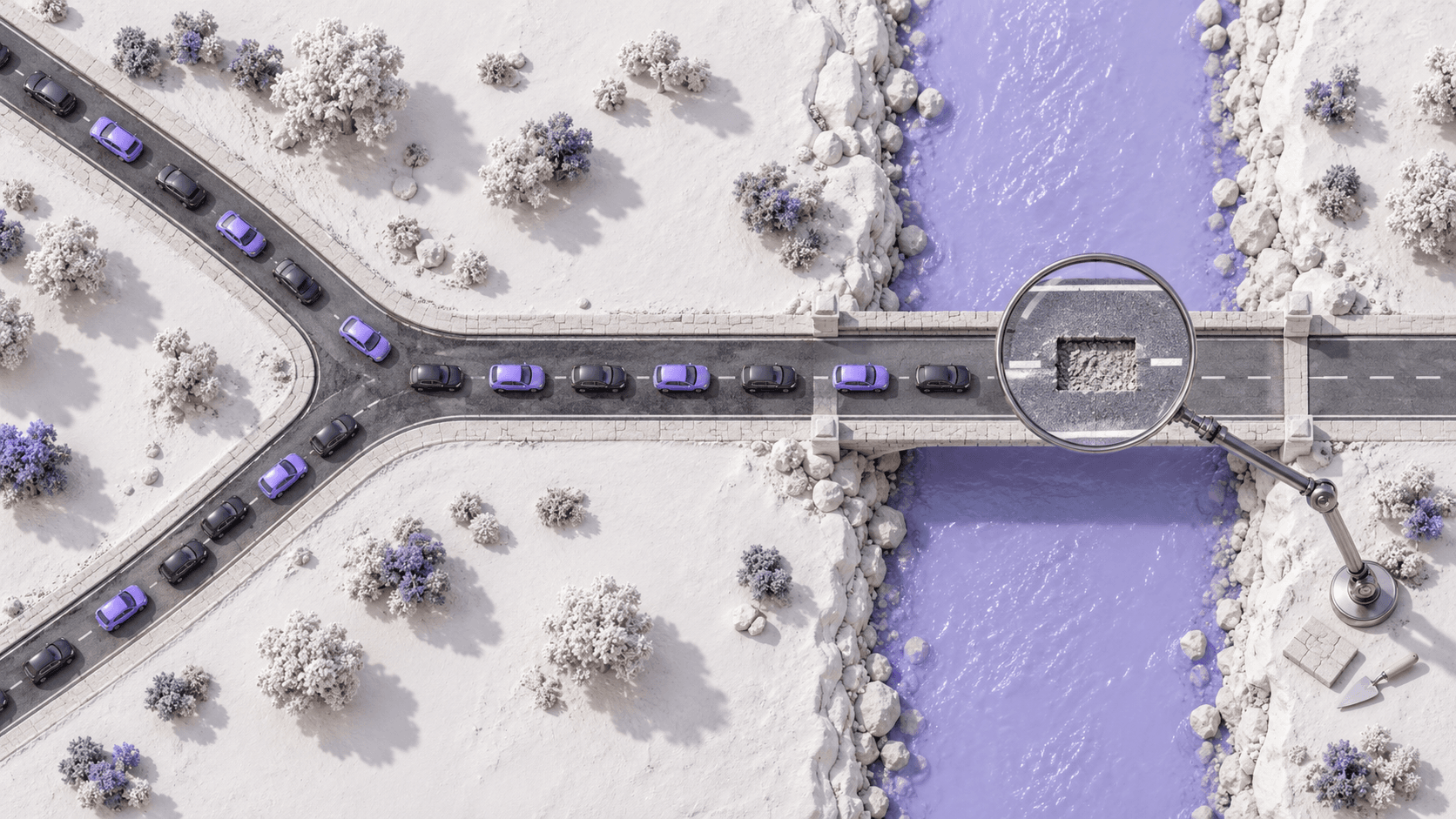 Delivery vehicles from two roads approach one bridge while a magnifying glass reveals a missing paving slab in their shared crossing.